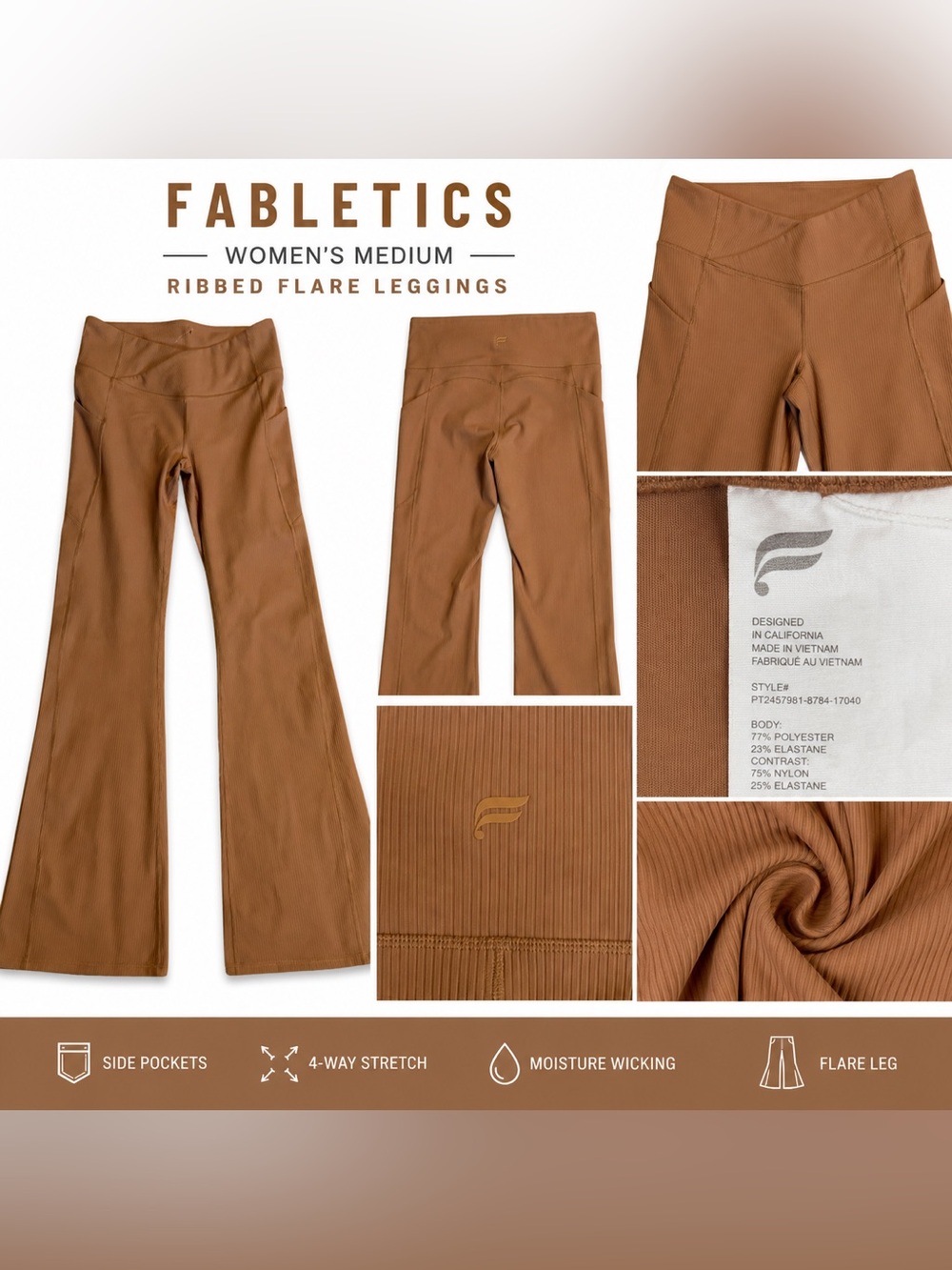 Fabletics Ribbed Flare Leggings Women’s Medium Brown High Rise Yoga Pants Pocket